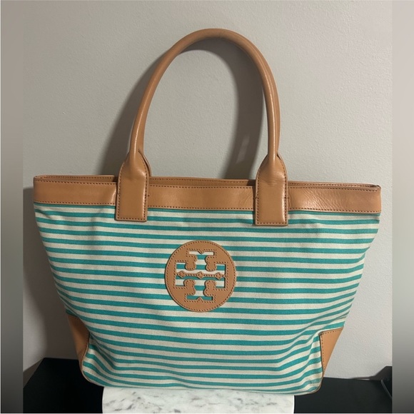 Tory Sophia Canvas Burch Aqua and Tan Striped Tote - Picture 3 of 15
